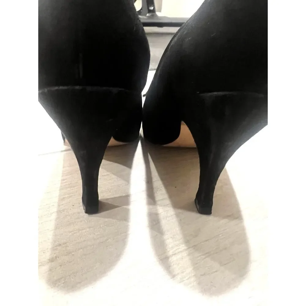 Vintage Karl Lagerfeld Black Suede Glamour Heels Gold Fan Accent Women Size 7